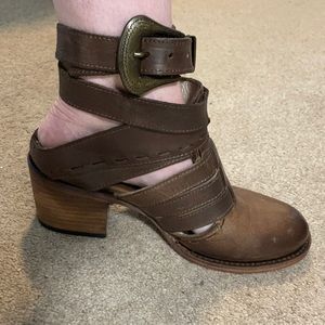 Like new brown Freebird booties with a wrap strap